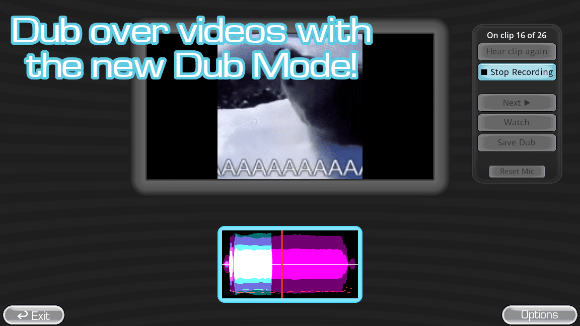 Dub Mode screen showing a video clip being recorded over