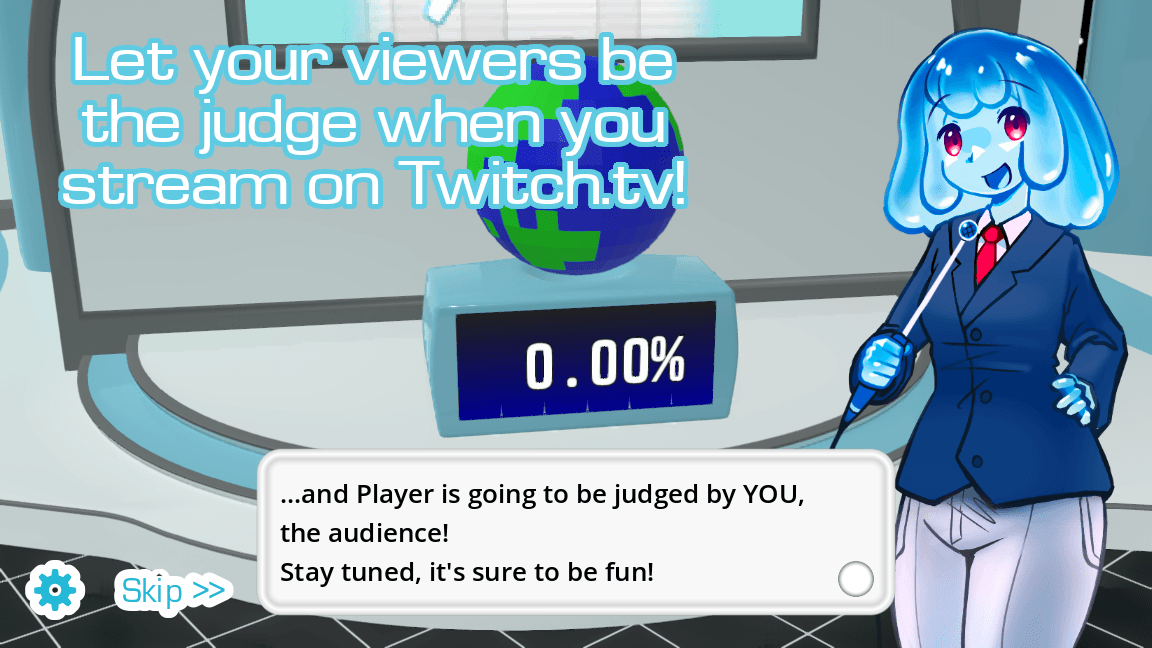 The host explaining that Twitch chat will judge the contestant's performance